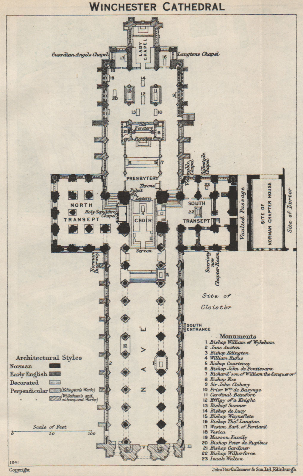 Winchester Cathedral floor plan. Hampshire 1957 old vintage map chart